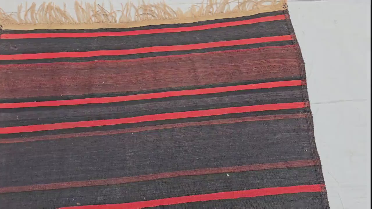 Antique Black Red Striped Kilim 3×6 ft – Handwoven Tribal Wool Runner, Vintage Flatweave Rug