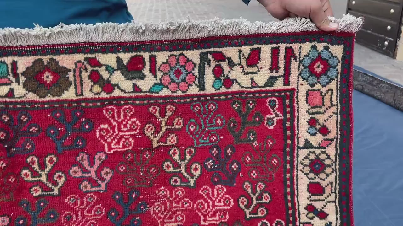 Vintage Handmade Afghan Rug 4x5 – Bold Red Tribal Wool Rug for Entryway or Bedroom