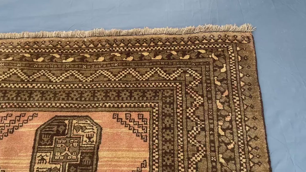Beige & Brown Afghan Baluchi Rug 5x6 Ft, Handmade Wool Tribal Area Rug, Vintage Geometric Carpet, Oriental Boho Home Decor