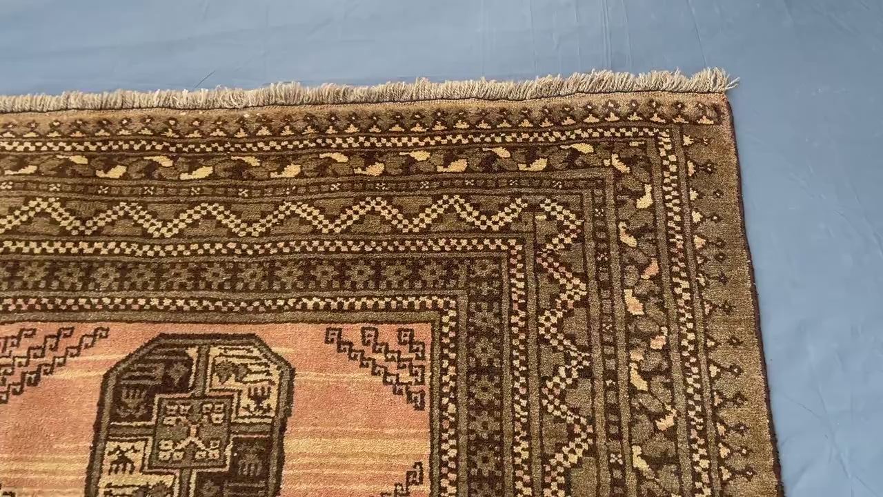 Beige & Brown Afghan Baluchi Rug 5x6 Ft, Handmade Wool Tribal Area Rug, Vintage Geometric Carpet, Oriental Boho Home Decor