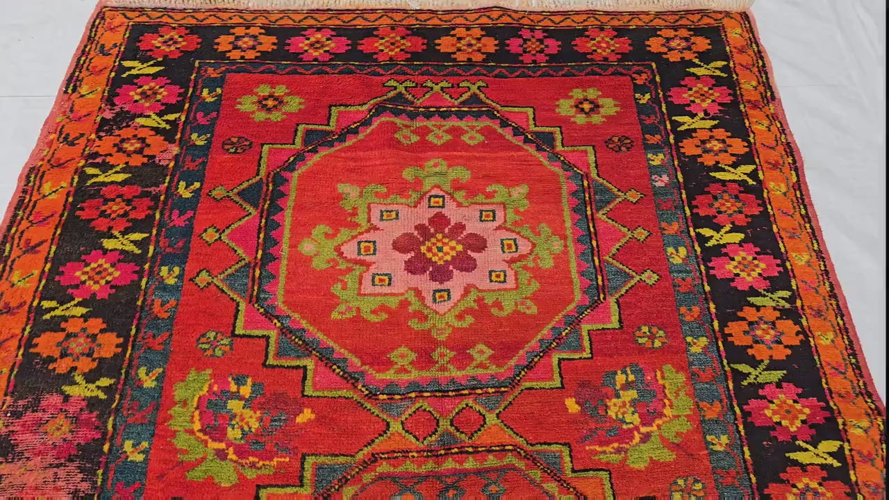 Antique 1940s Burn Orange 5×10 Ft Handwoven Afghan Rug, Collectors Piece