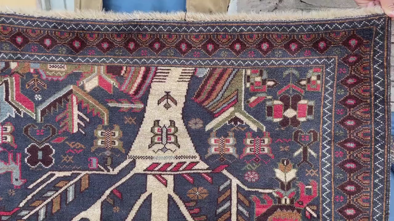 3.7x6.5 ft Tree of Life Handmade Afghan Wool Area Rug, Boho Bedroom Decor
