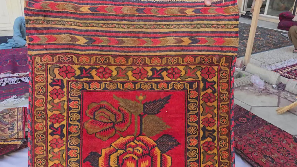 Vintage Afghan Handmade Rose Runner Rug 2.6×12.6 ft, Traditional Tribal Hallway Rug, Long Narrow Oriental Carpet