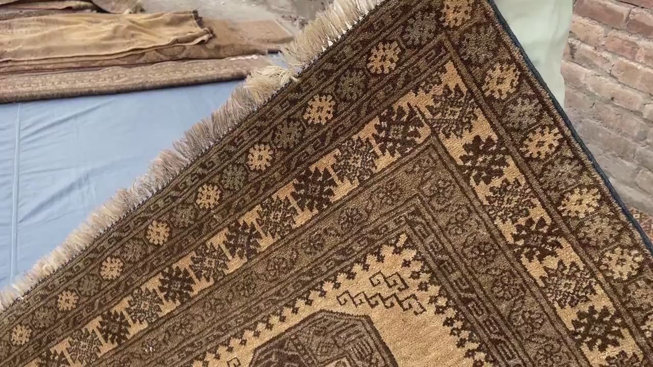 Large Afghan Tribal Rug 6x8 Ft, Handmade Wool Baluchi Carpet, Beige & Burgundy Bokhara Vintage Gul Rug
