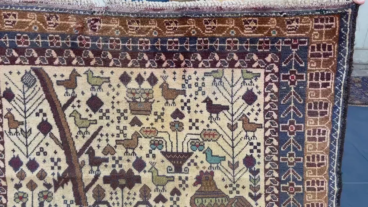 3x6 Pictorial Hallway Rug, Handmade Afghan Wool Vintage Carpet, Boho Home Decor