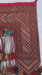 Maroon Teal Handwoven Wall Hanging – Vintage Bohemian Wool Tapestry with Tassels
