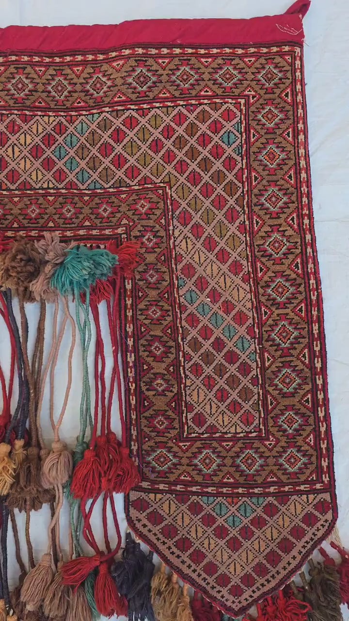 Maroon Teal Handwoven Wall Hanging – Vintage Bohemian Wool Tapestry with Tassels