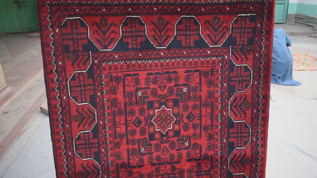 3x16 ft Handmade Hallway Runner Rug, Afghan Tribal Bukhara Deep Red Corridor Carpet