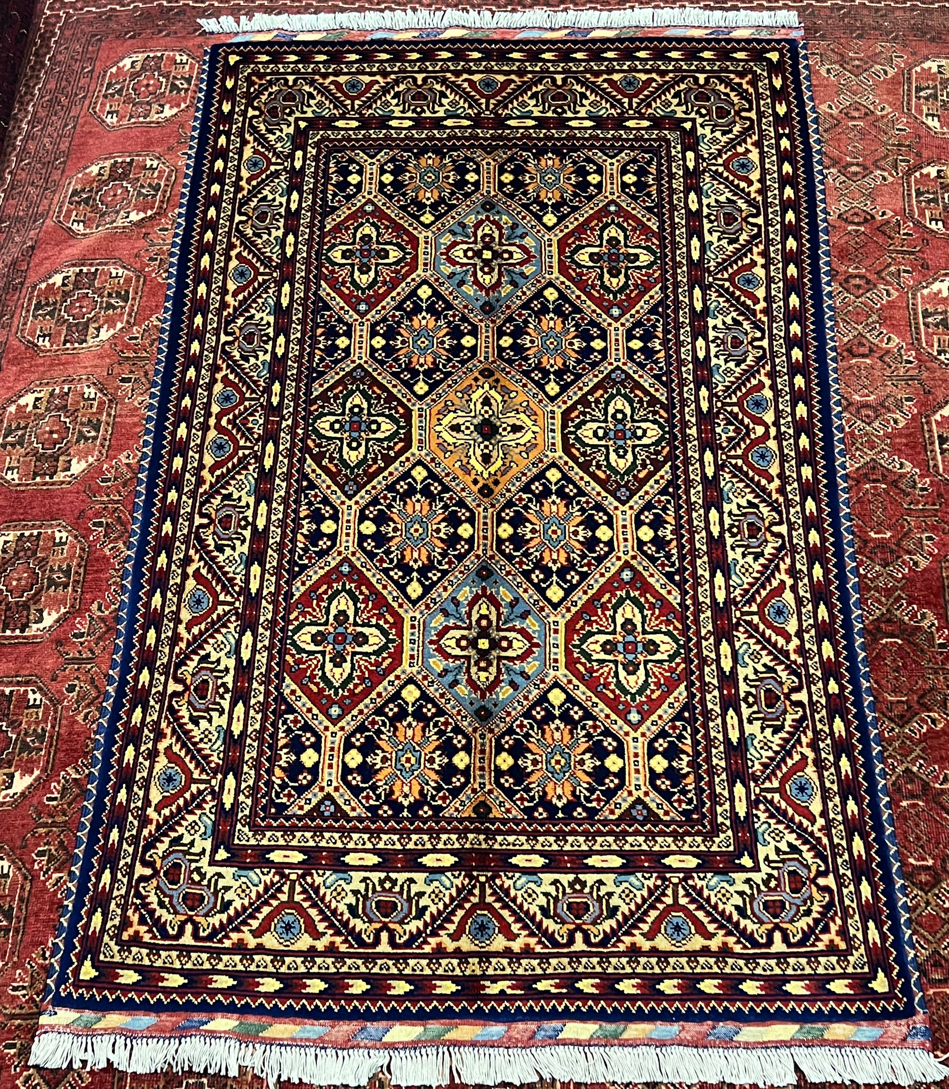 Afghan Hand Knitted/Knotted Living / Dining Room Wool Woven Rug Size 5ft x 3ft (KA-M-5X3-Y/B-N) Marinous Kashani New - Kabul Rugs