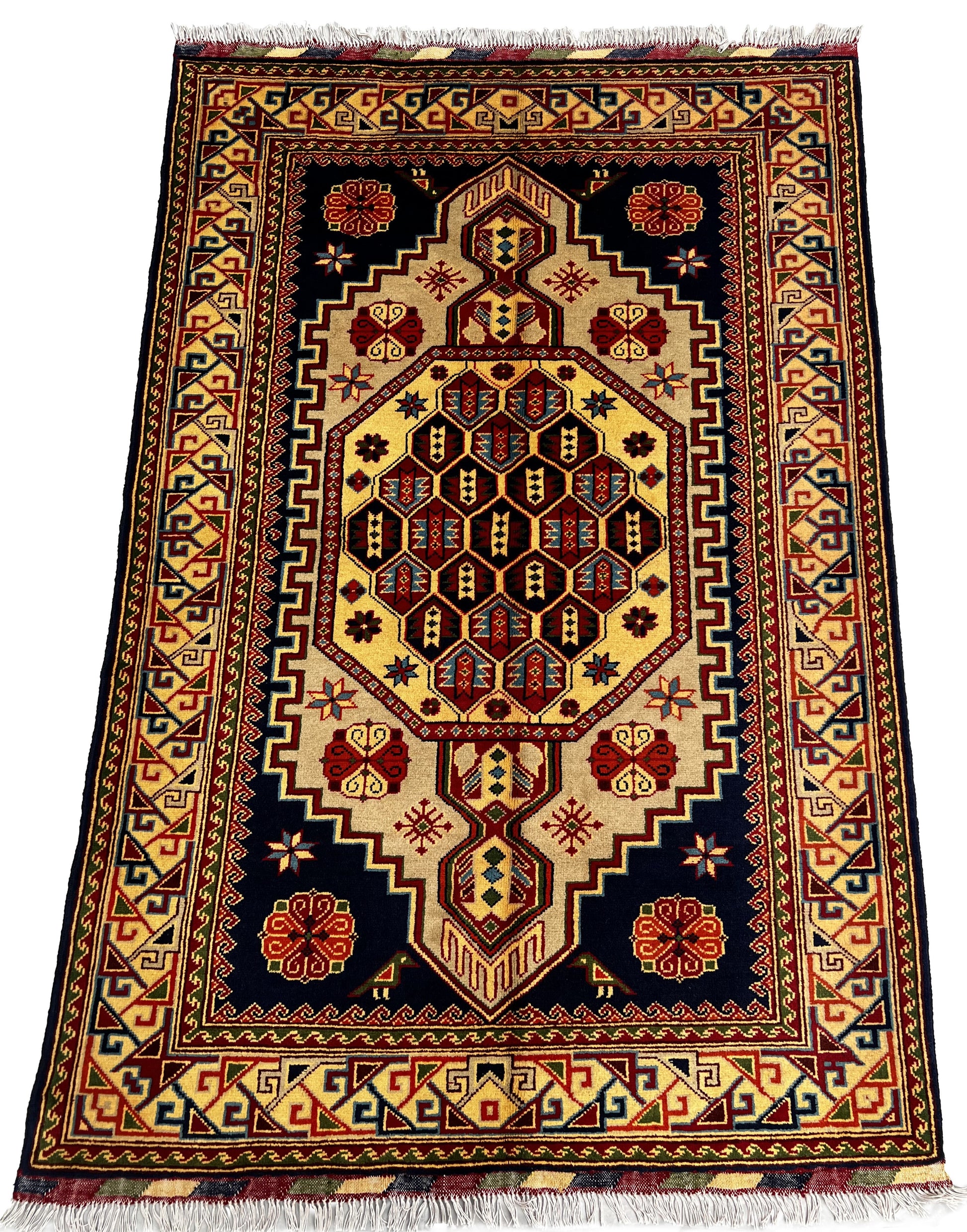 Afghan Hand Knotted/ Knitted Living Room/Dining Room Chob Rang Area Rug 4.6ftx3.2ft (CH-M-4X3-Y/DB-N) (Mazar-e-sharif) - Kabul Rugs