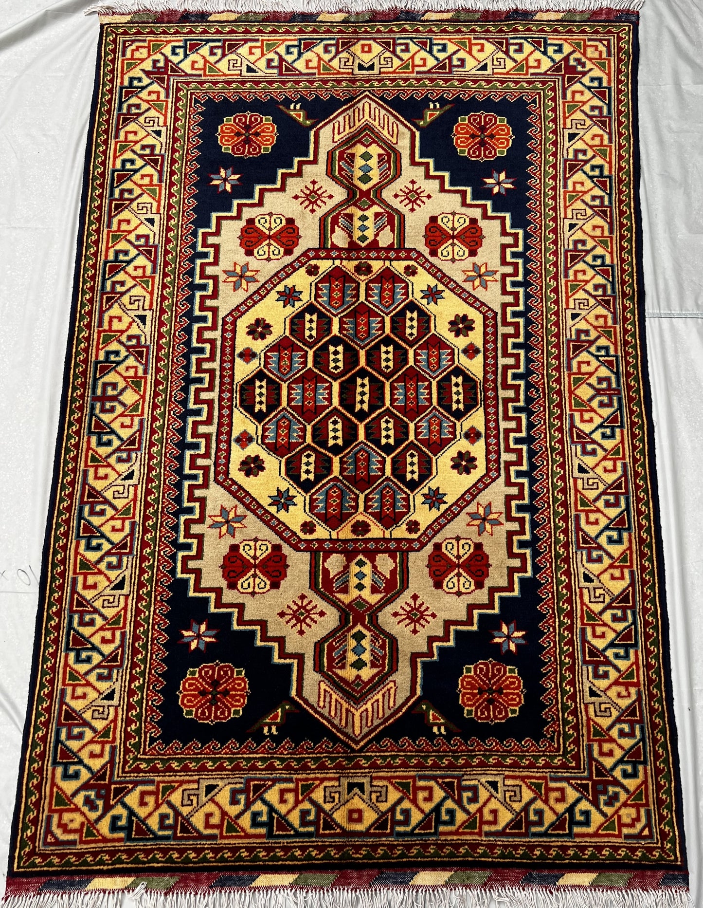 Afghan Hand Knotted/ Knitted Living Room/Dining Room Chob Rang Area Rug 4.6ftx3.2ft (CH-M-4X3-Y/DB-N) (Mazar-e-sharif) - Kabul Rugs