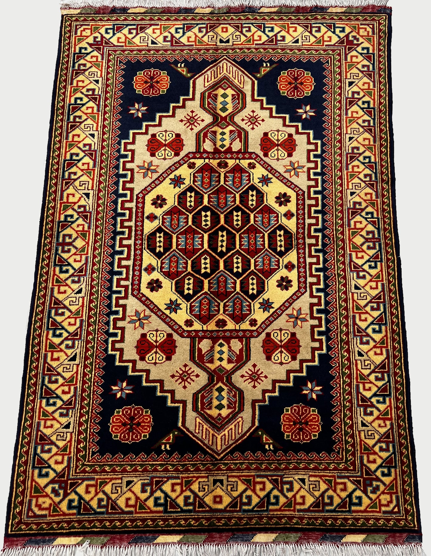 Afghan Hand Knotted/ Knitted Living Room/Dining Room Chob Rang Area Rug 4.6ftx3.2ft (CH-M-4X3-Y/DB-N) (Mazar-e-sharif) - Kabul Rugs