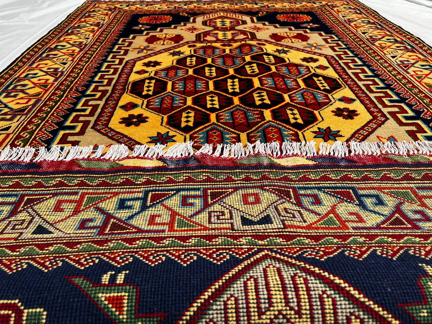 Afghan Hand Knotted/ Knitted Living Room/Dining Room Chob Rang Area Rug 4.6ftx3.2ft (CH-M-4X3-Y/DB-N) (Mazar-e-sharif) - Kabul Rugs