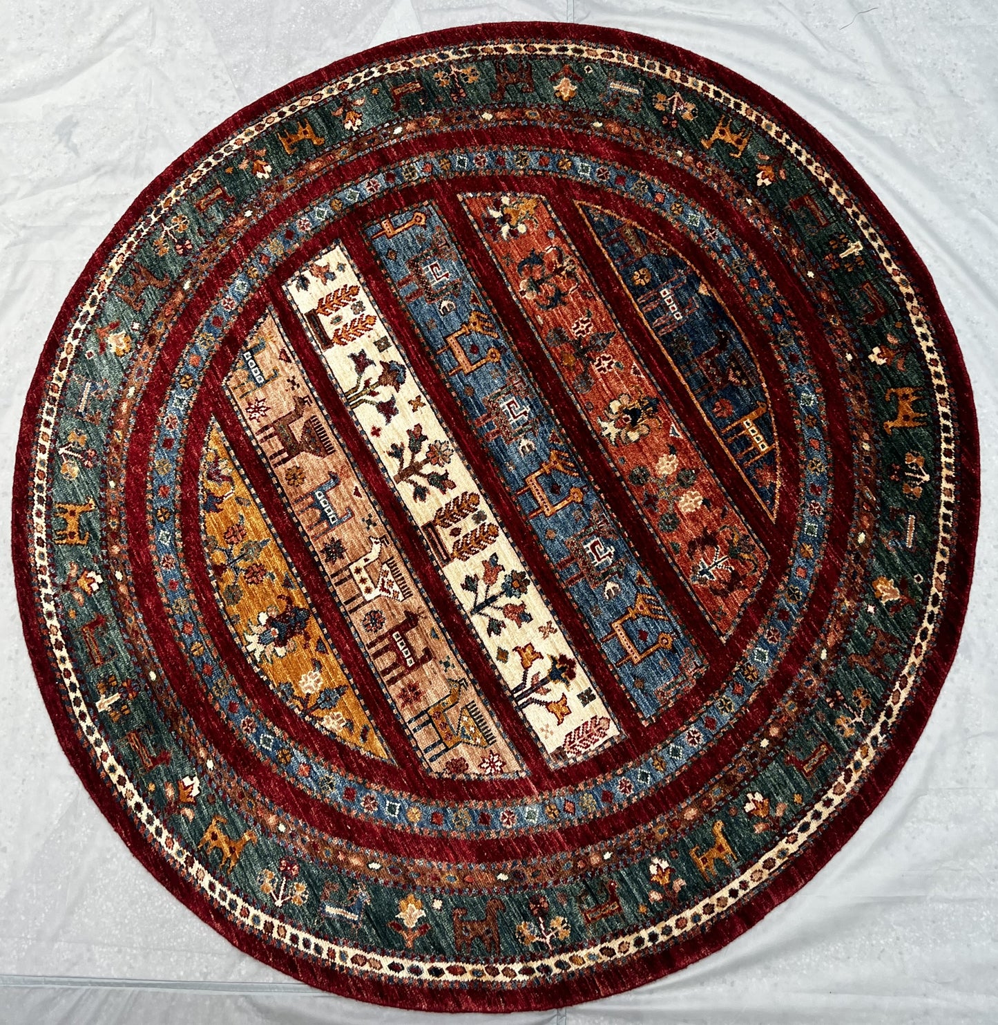 Afghan Hand Knotted/ Knitted Living Room/Dining Room Chob Rang(Shawl Design) Round Area Rug 5.0ftx4.9ft (CH-M-5X4.9-9-R-N) (Kabul) - Kabul Rugs