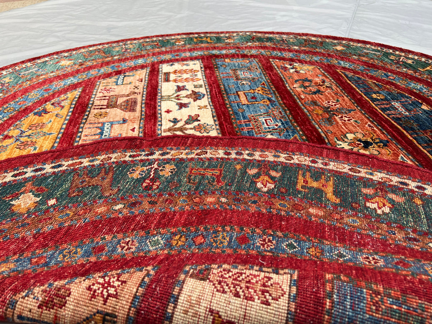 Afghan Hand Knotted/ Knitted Living Room/Dining Room Chob Rang(Shawl Design) Round Area Rug 5.0ftx4.9ft (CH-M-5X4.9-9-R-N) (Kabul) - Kabul Rugs