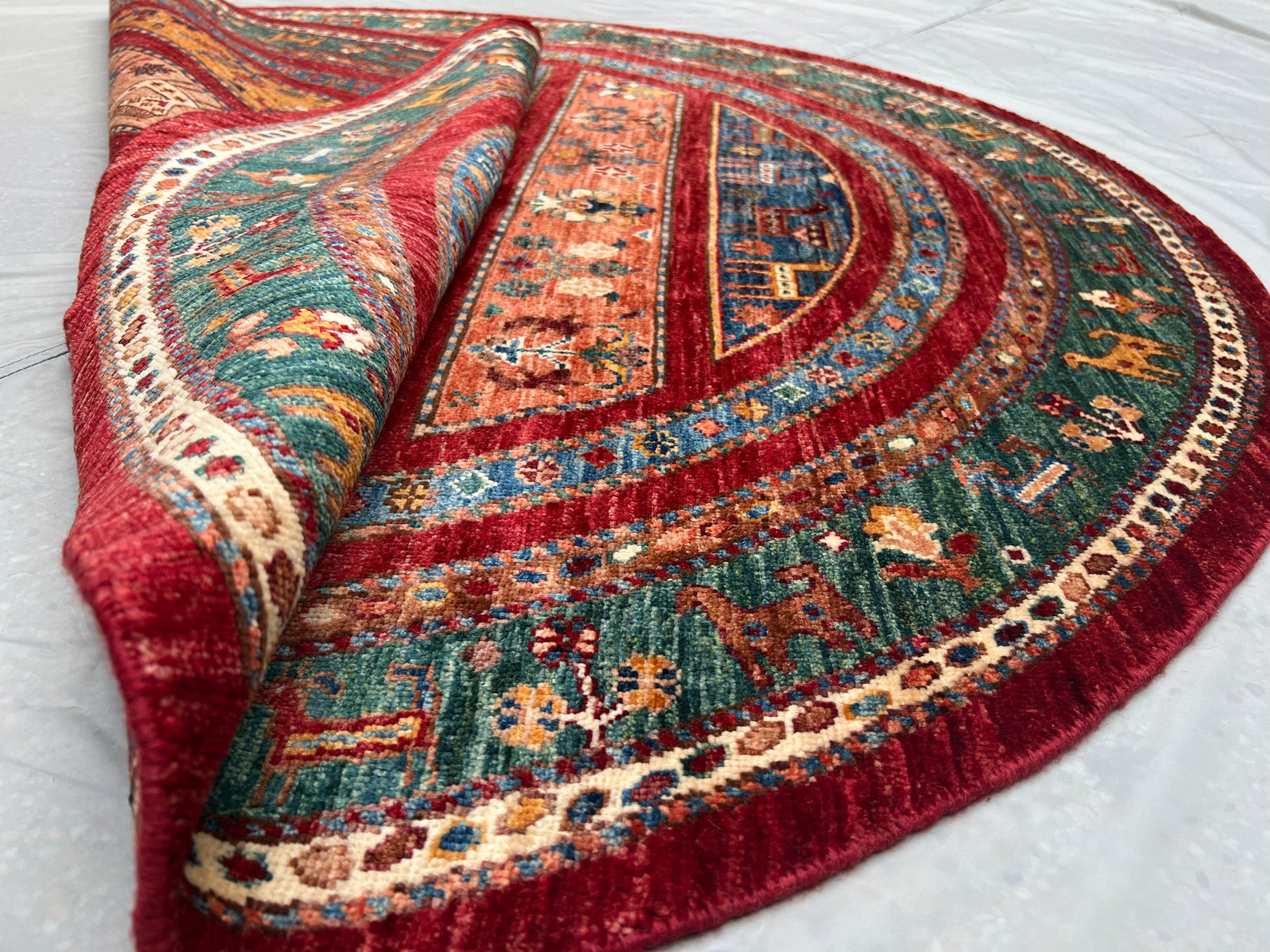 Afghan Hand Knotted/ Knitted Living Room/Dining Room Chob Rang(Shawl Design) Round Area Rug 5.0ftx4.9ft (CH-M-5X4.9-9-R-N) (Kabul) - Kabul Rugs