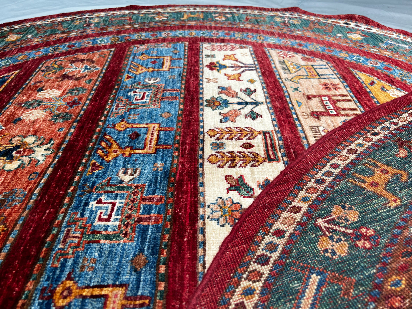 Afghan Hand Knotted/ Knitted Living Room/Dining Room Chob Rang(Shawl Design) Round Area Rug 5.0ftx4.9ft (CH-M-5X4.9-9-R-N) (Kabul) - Kabul Rugs