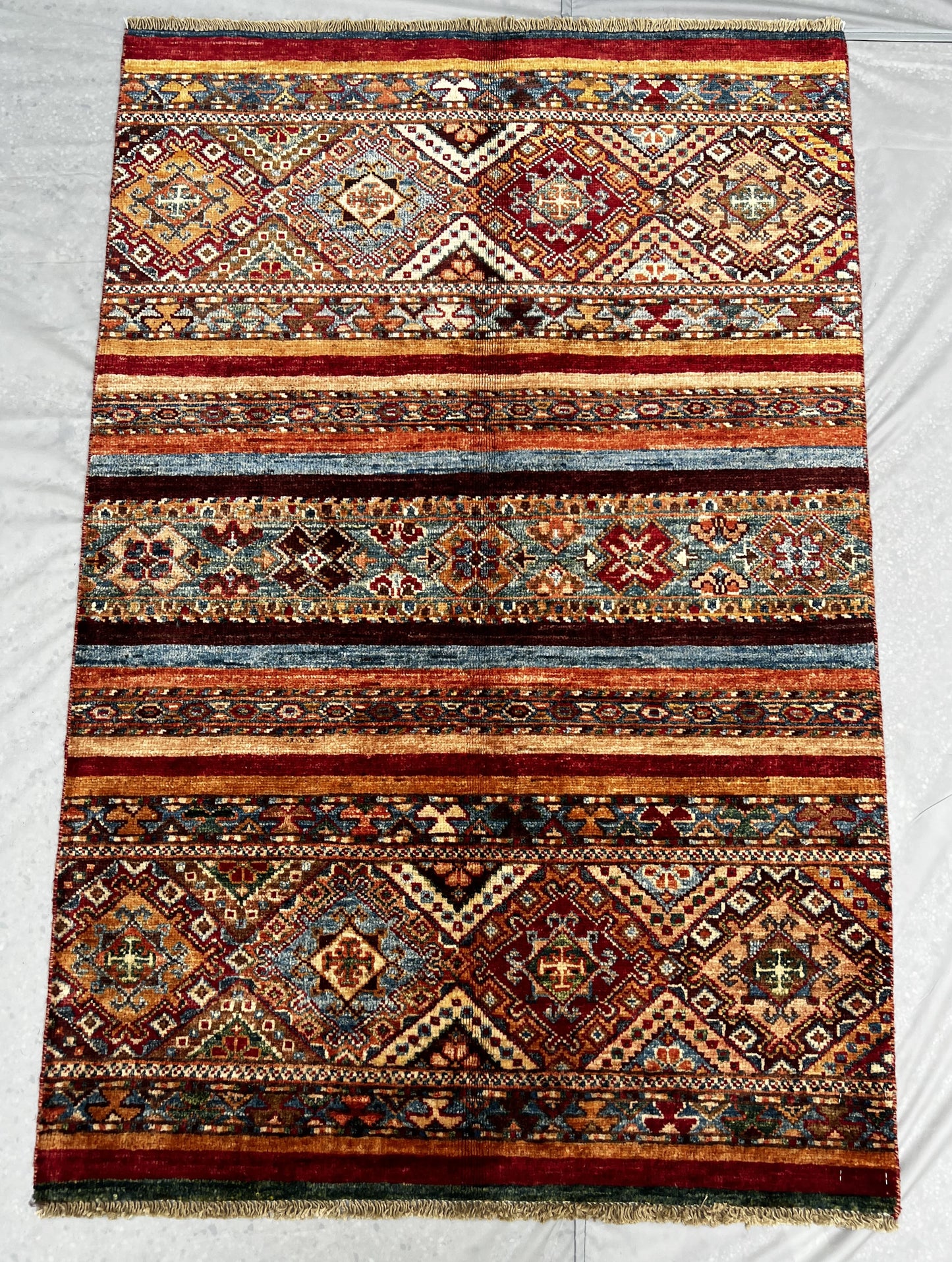 Afghan Hand Knotted/ Knitted Living Room/Dining Room Chob Rang(Shawl Design) Area Rug 4.1ftx2.7ft (CH-M-4.17X2.79-4-N) (Kabul) - Kabul Rugs