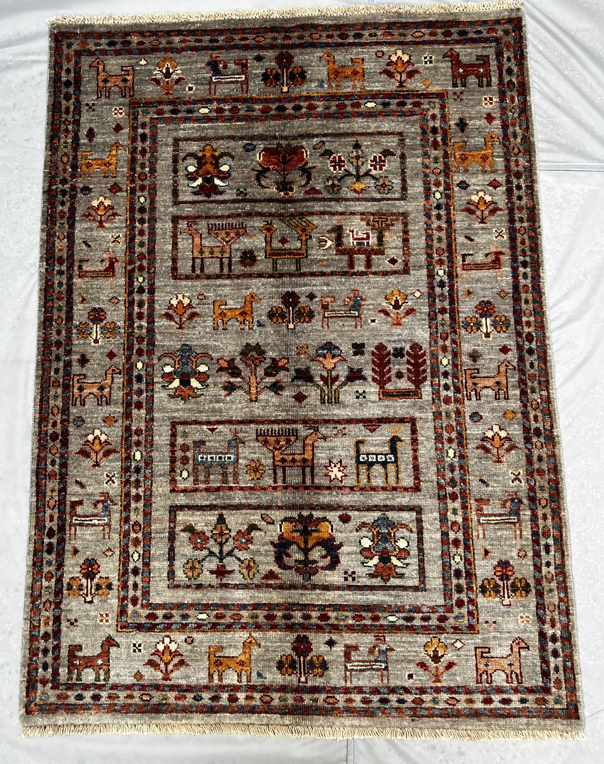 Afghan Hand Knotted/ Knitted Living Room/Dining Room Chob Rang(Shawl Design) Area Rug 4.0ftx2.85ft (CH-M-4X2.8-Y/O/R-3-N) (Kabul) - Kabul Rugs