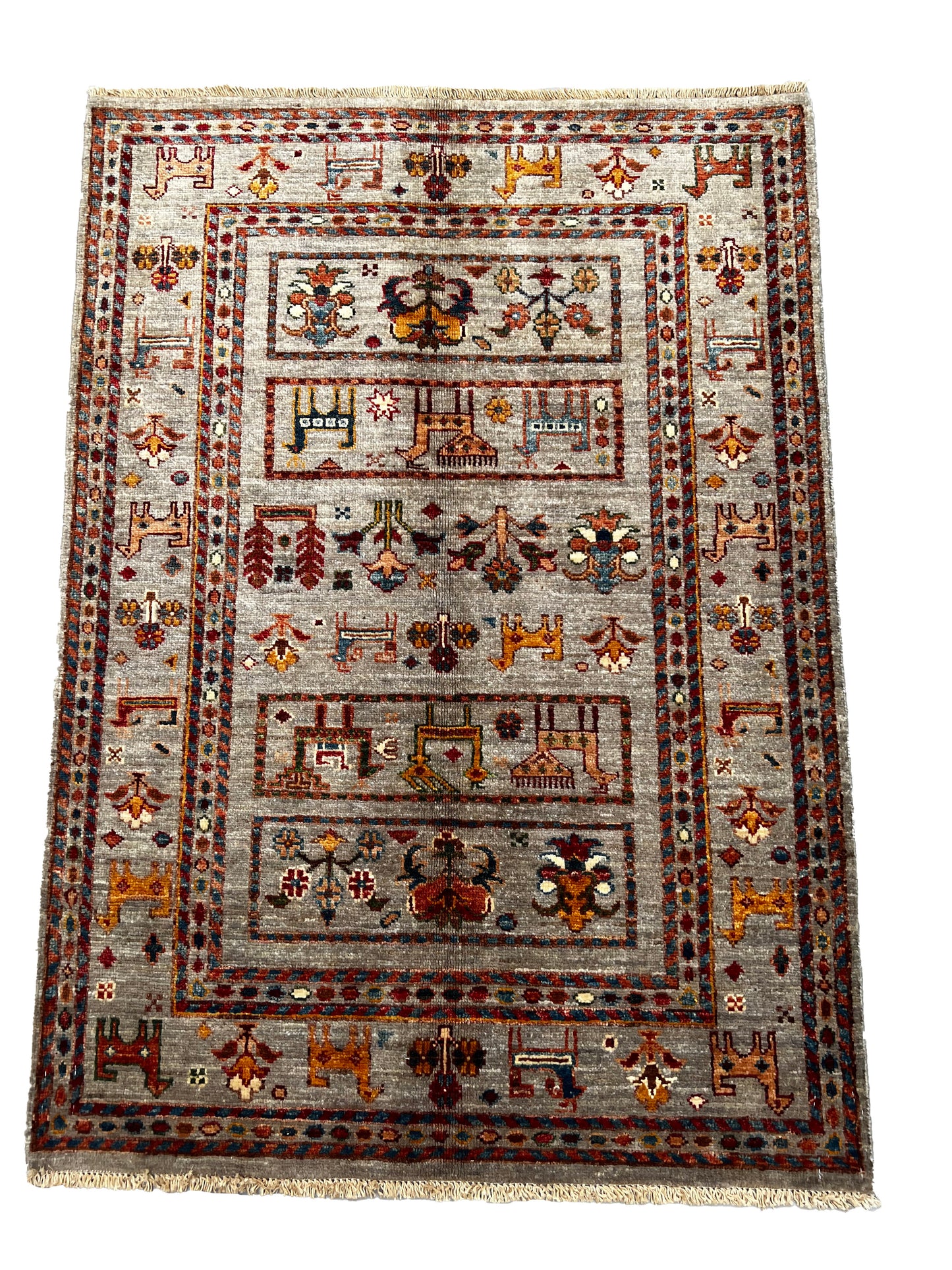 Afghan Hand Knotted/ Knitted Living Room/Dining Room Chob Rang(Shawl Design) Area Rug 4.0ftx2.85ft (CH-M-4X2.8-Y/O/R-3-N) (Kabul) - Kabul Rugs