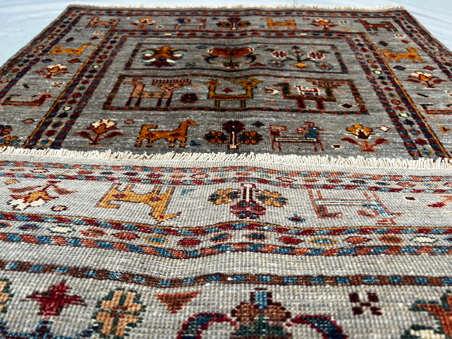 Afghan Hand Knotted/ Knitted Living Room/Dining Room Chob Rang(Shawl Design) Area Rug 4.0ftx2.85ft (CH-M-4X2.8-Y/O/R-3-N) (Kabul) - Kabul Rugs