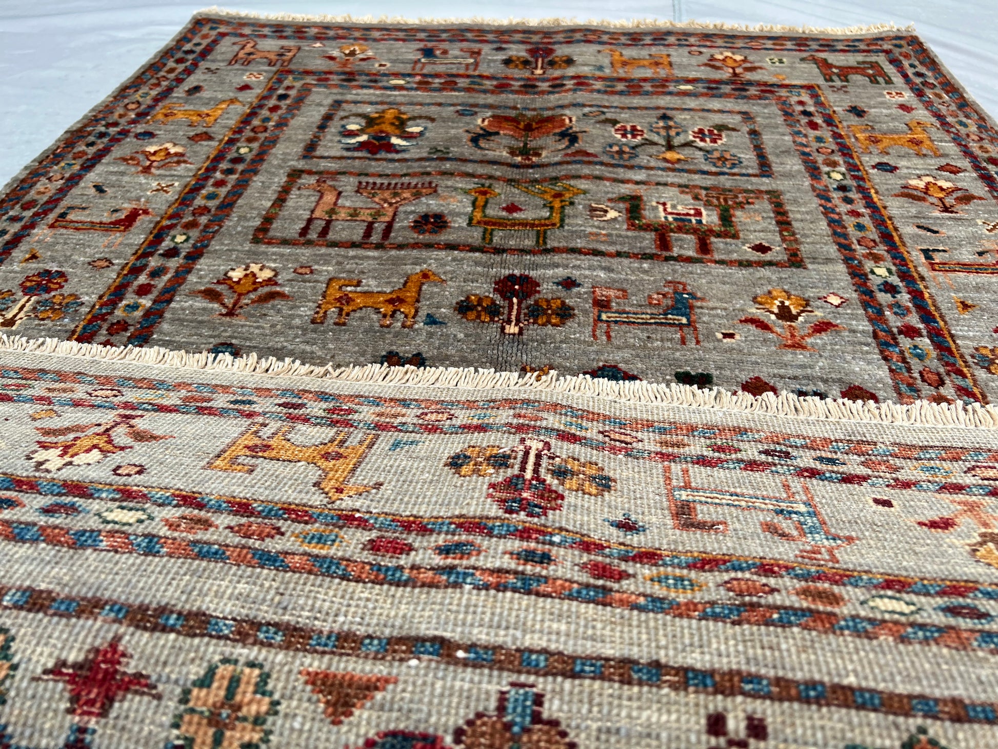 Afghan Hand Knotted/ Knitted Living Room/Dining Room Chob Rang(Shawl Design) Area Rug 4.0ftx2.85ft (CH-M-4X2.8-Y/O/R-3-N) (Kabul) - Kabul Rugs