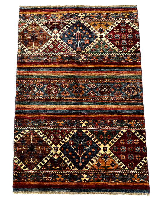 Afghan Hand Knotted/ Knitted Living Room/Dining Room Chob Rang(Shawl Design) Area Rug 4.1ftx2.7ft (CH-M-4X2-VAR-1-N) (Kabul) - Kabul Rugs