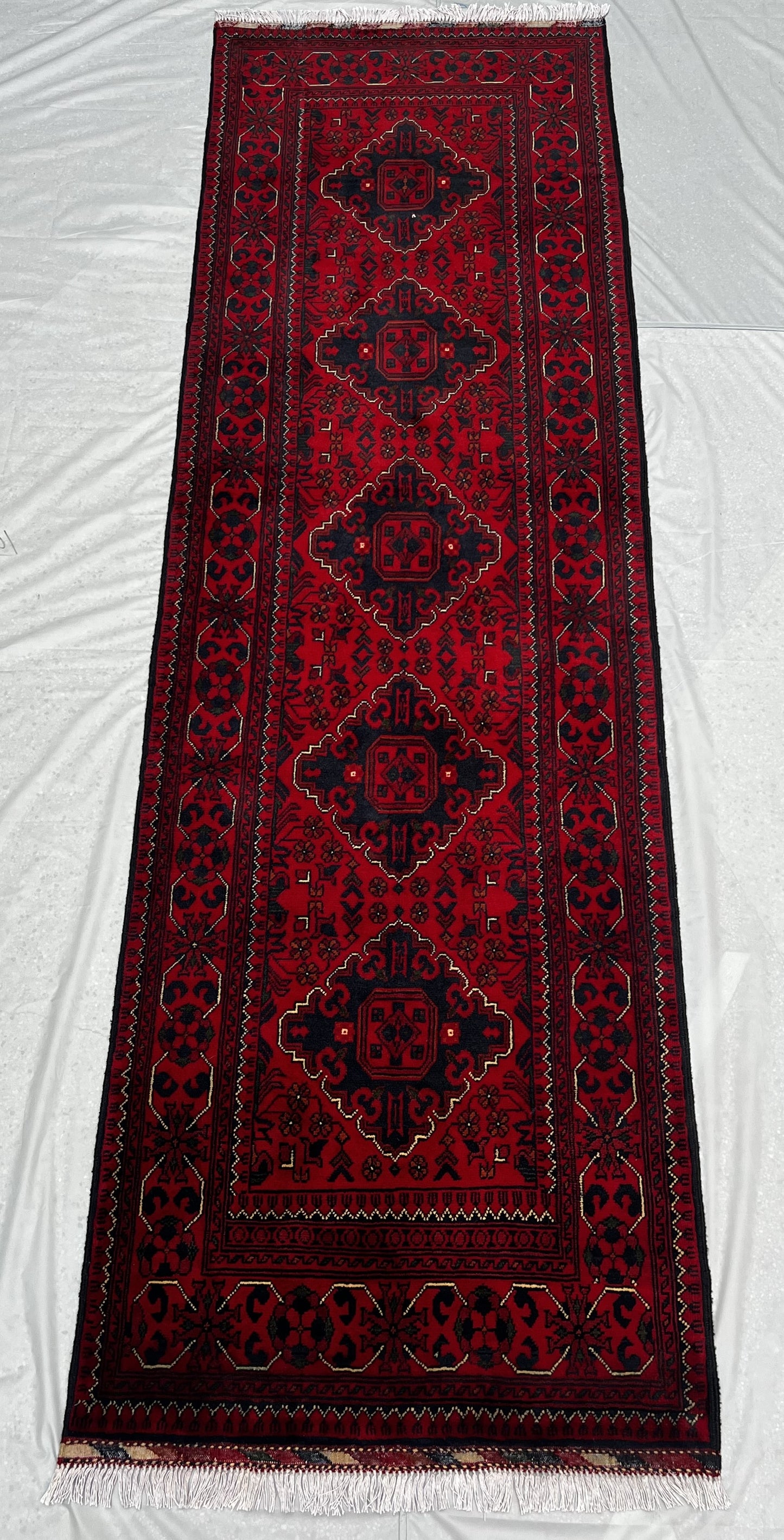 Afghan Hand Knitted/Knotted Hallway Runner Hand Woven Rug Size 9.2ft x 2.6ft (KM-BU-9X2-RU-N)  Khal Muhammadi Bukhara(Andkhoi) - Kabul Rugs