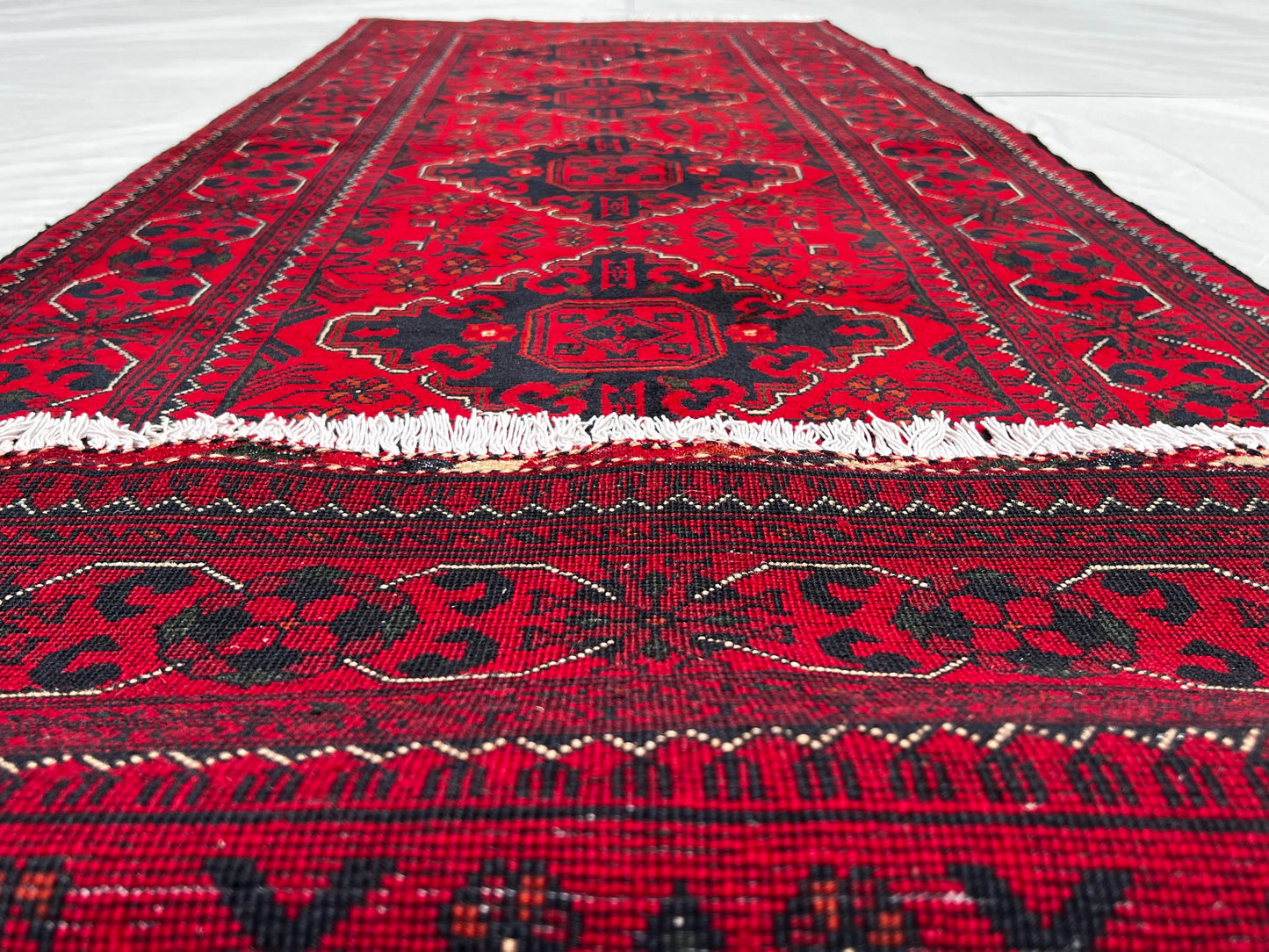 Afghan Hand Knitted/Knotted Hallway Runner Hand Woven Rug Size 9.2ft x 2.6ft (KM-BU-9X2-RU-N)  Khal Muhammadi Bukhara(Andkhoi) - Kabul Rugs