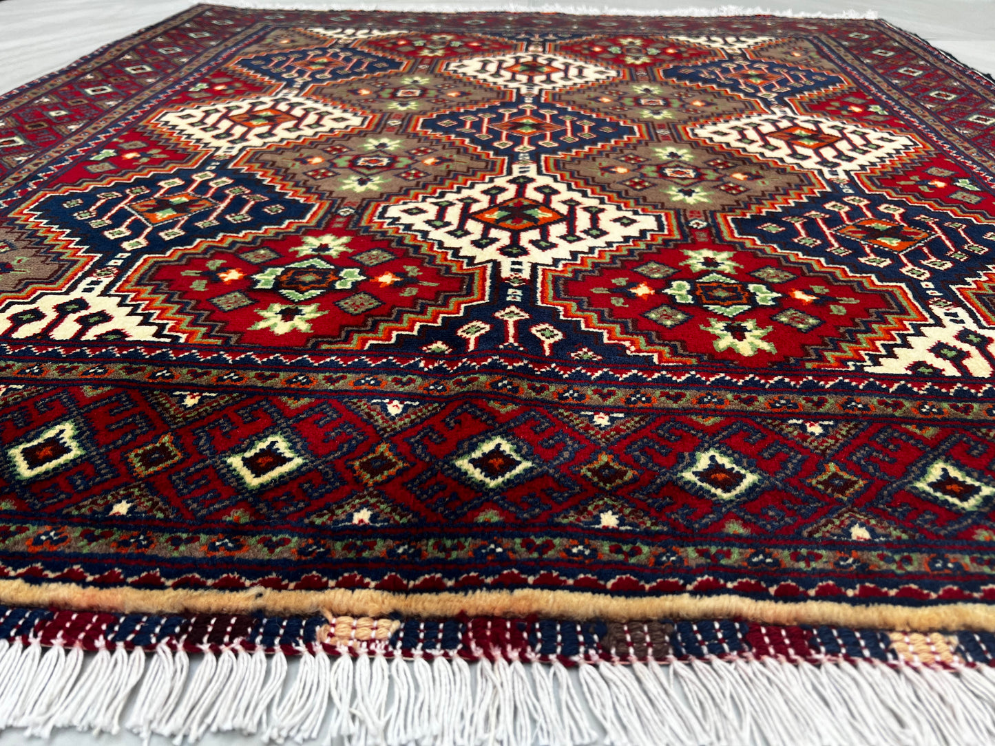 Afghan Hand Knotted/ Knitted Living Room/Dining Room Yousuf Bayi Mernious(Merino) Area Rug 4.4ftx4ft (YB-M-4X6-R/Y/B) (Mazar-e-sharif) - Kabul Rugs